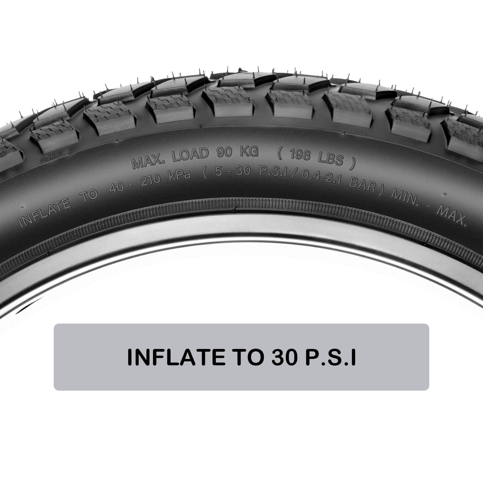 Close-up of an electric bicycle tire with inflation instructions on a white background