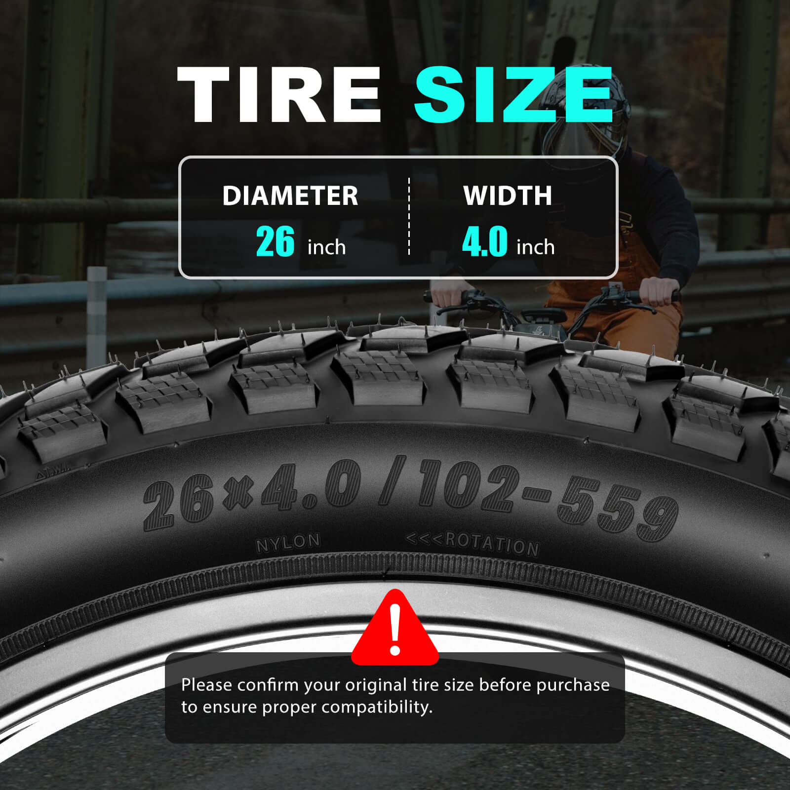 A close-up of the Hycline's  fat tire for ebikes with tread and sidewall text reading 26x4.0 /102-559, overlaid with size information: diameter 26 inch and width 4 inch