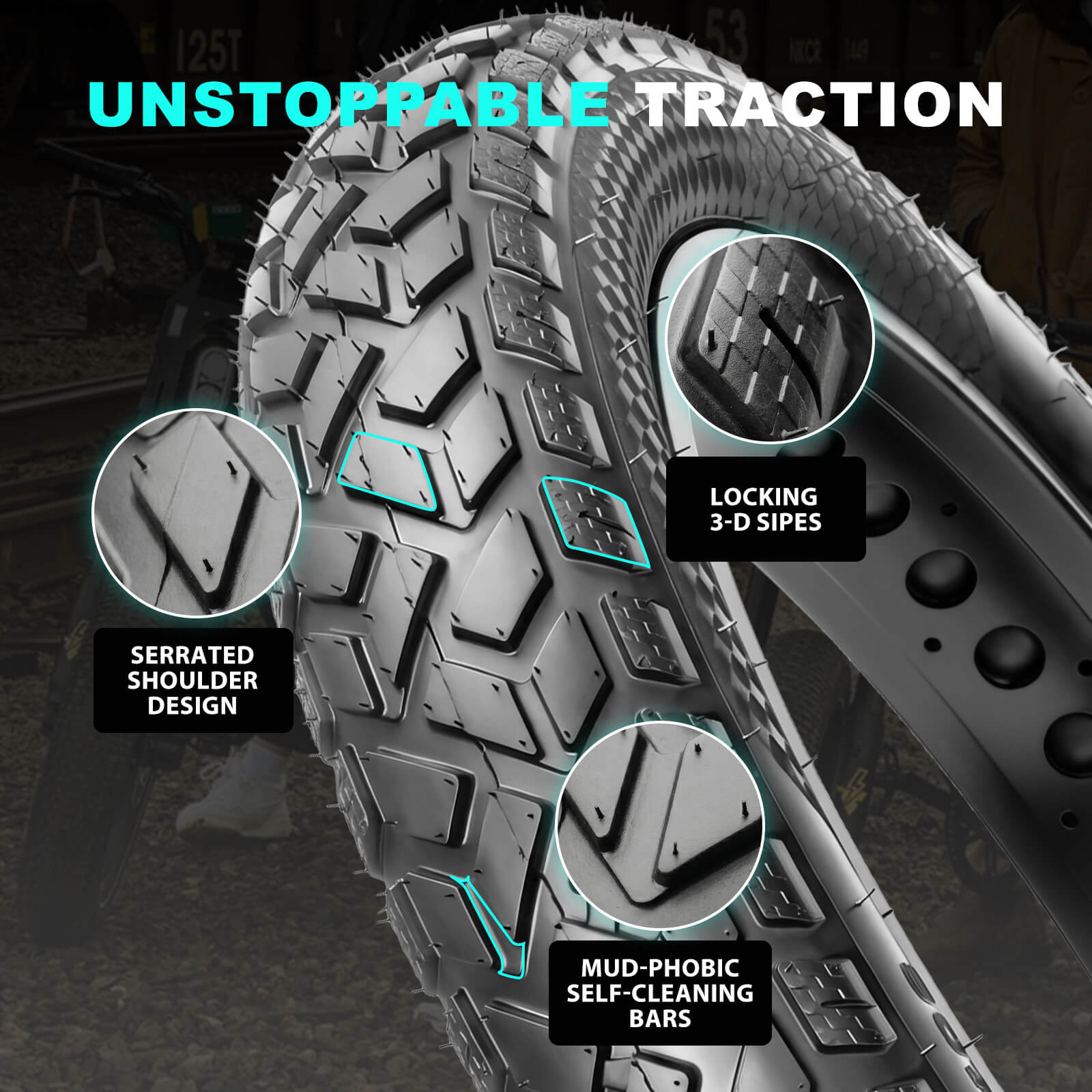 Heavy-duty fat tire for ebikes with unstoppable traction. Serrated shoulders, 3D locking sipes & self-cleaning mud bars deliver reliable grip for off-road & all-terrain e-bike rides.