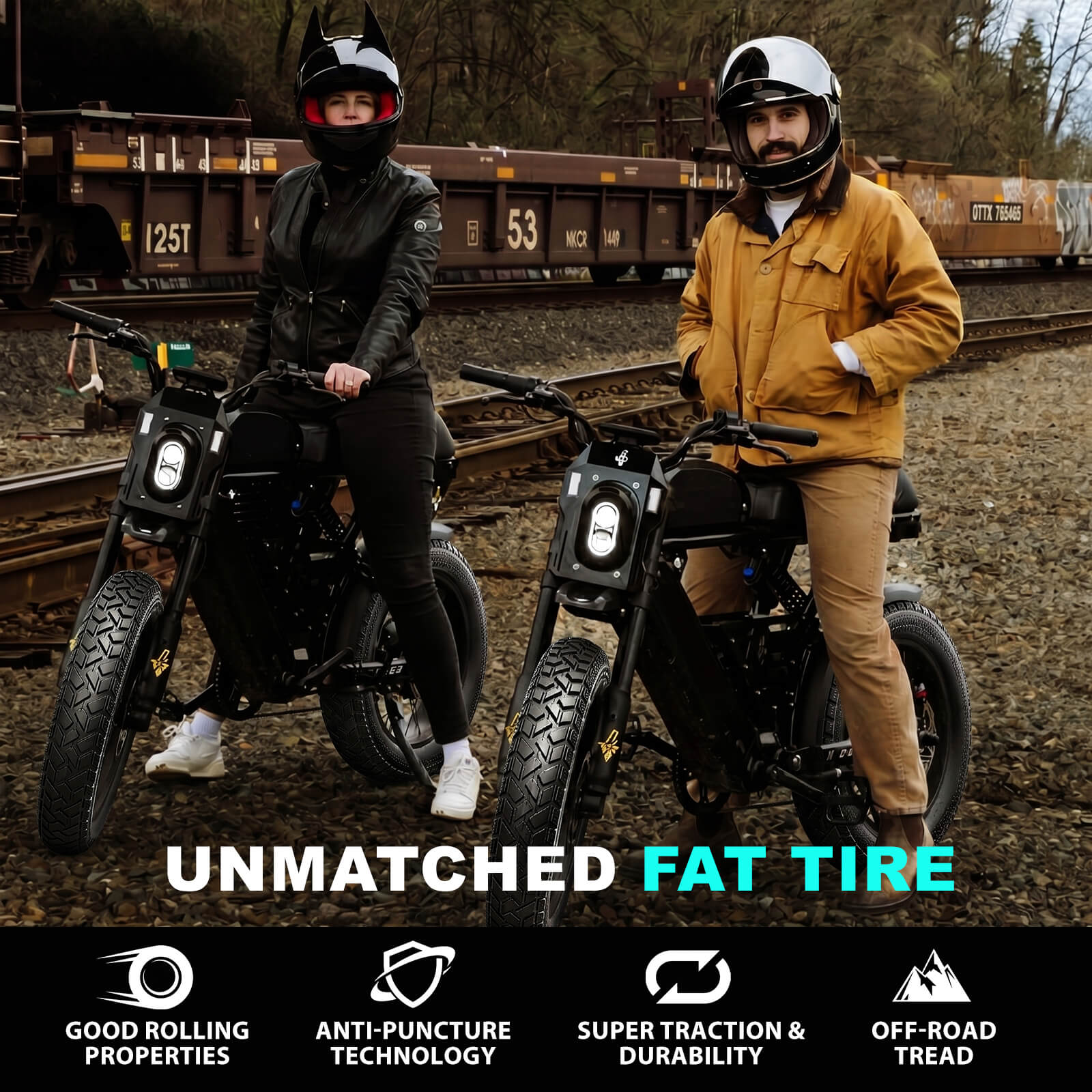 Hycline's premium fat tire for ebikes with off-road tread, anti-puncture tech, smooth rolling, superior traction & long durability for all-terrain electric bike riding.