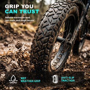 Close-up of a rugged off-road tire on a dirt bike or bicycle, splashing through mud on a forest trail. Text overlays read 'GRIP YOU CAN TRUST' and highlight wet weather grip and anti-slip traction.