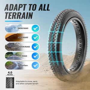 Hycline premium 16x4‑inch fat ebike replacement tire for all terrain use. Great traction on snow, sand, mountain & city wet roads. Durable tread for off‑road & everyday rides. Shop today.
