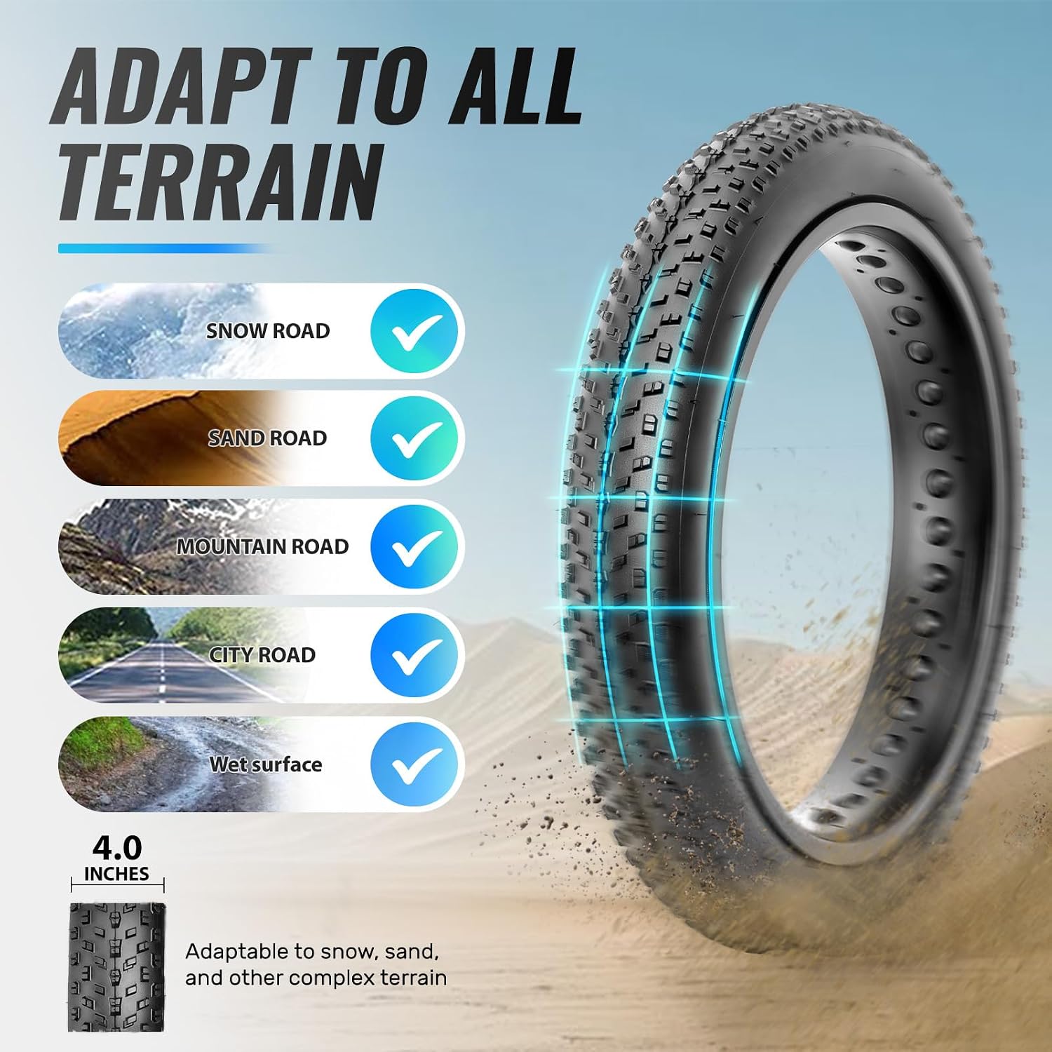 Hycline premium 16x4‑inch fat ebike replacement tire for all terrain use. Great traction on snow, sand, mountain & city wet roads. Durable tread for off‑road & everyday rides. Shop today.
