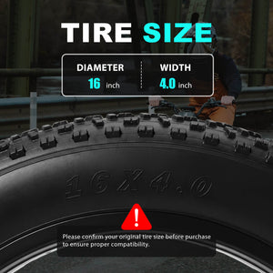 A close-up of a black off-road tire with embossed '16X4.0' text, overlaid with a size information panel showing diameter 16 by 4 inch
