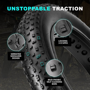 High‑performance ebike fat tire with unbeatable traction. Serrated shoulder, locking 3‑D sipes & mud‑phobic self‑cleaning bars for muddy, snowy & rugged off‑road adventures. 