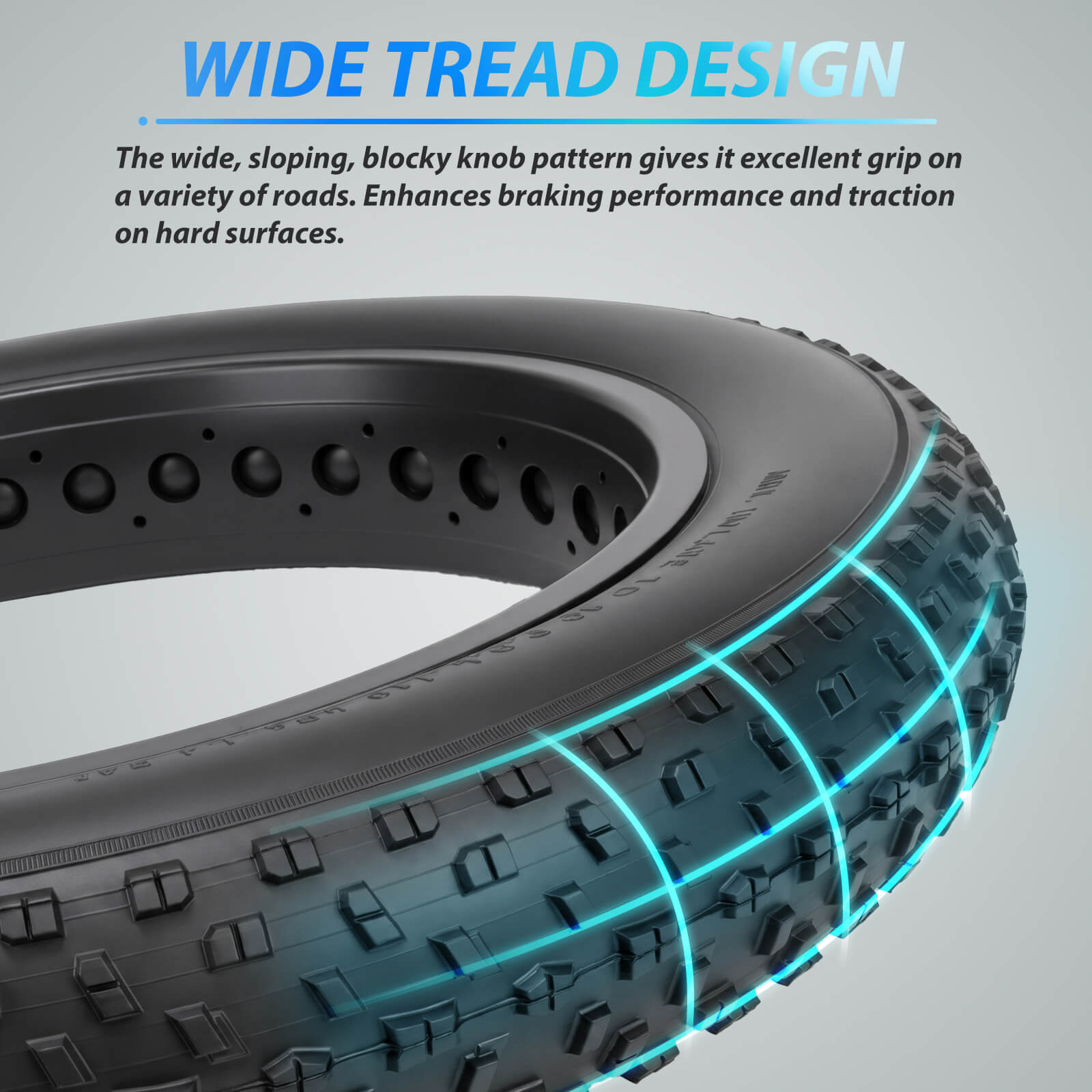 Hycline 16x4.0 inch ebike fat tire featuring wide sloping blocky tread. Improves braking power and surface traction on hard roads & varied terrain. Durable for daily and off‑road adventures.
