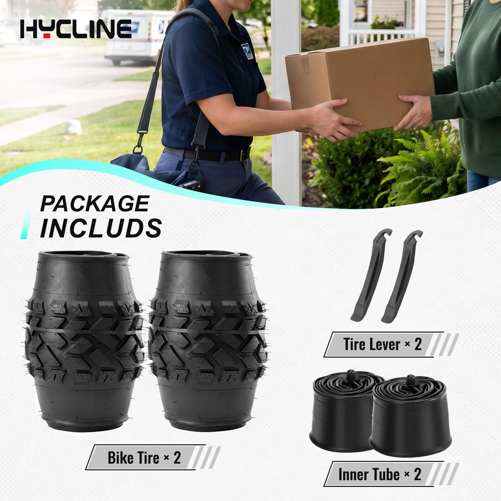 Hycline tire package includes 2 tires, 2 inner tubes and 2 tire levers. 3 to 5 days delivery, 30-day return.