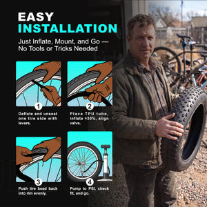 Easy‑to‑install fat bike tire, no special tools required. Simply inflate, mount and ride. Durable 4.0" all‑terrain tire delivers solid traction on snow, sand, mud and hard surfaces for fat bikes & e‑bikes. 