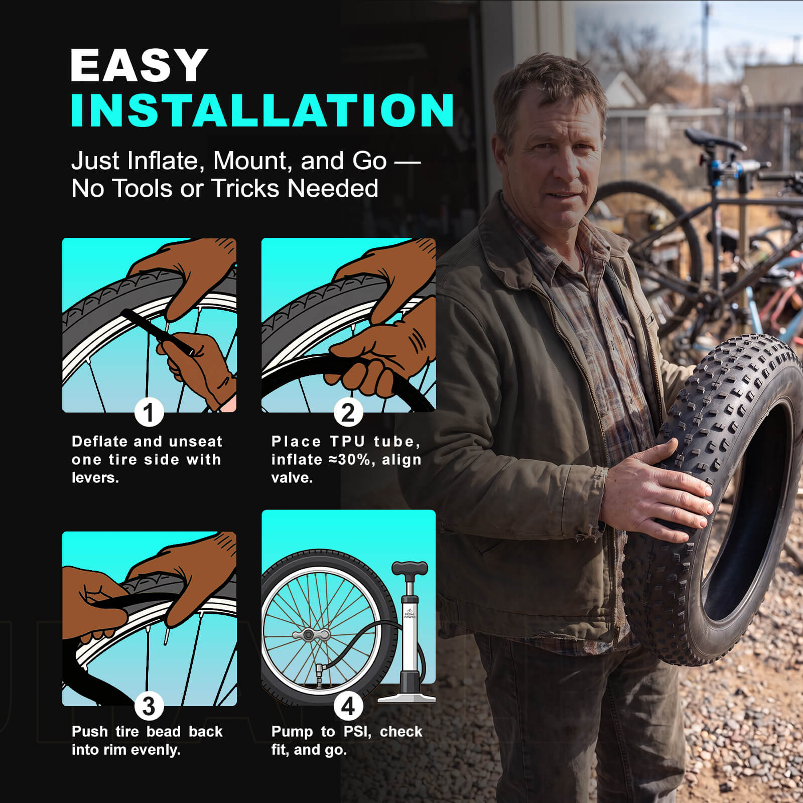 Easy‑to‑install fat bike tire, no special tools required. Simply inflate, mount and ride. Durable 4.0" all‑terrain tire delivers solid traction on snow, sand, mud and hard surfaces for fat bikes & e‑bikes. 