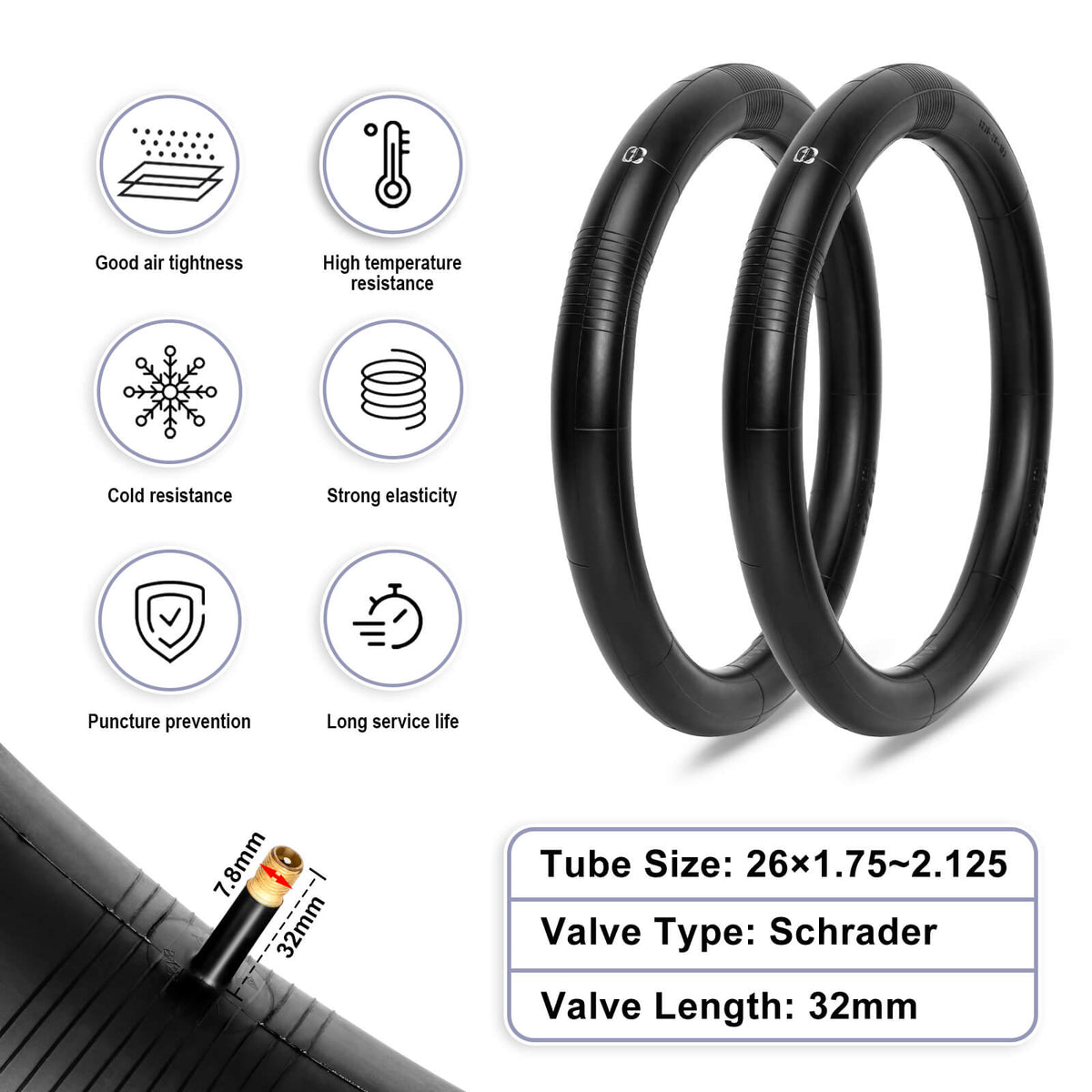 Hycline 26" MTB Schrader inner tubes 26x1.75‑2.125, air‑tight anti‑puncture bike inner tubes with 32mm valve for 26‑inch mountain bicycles for sales