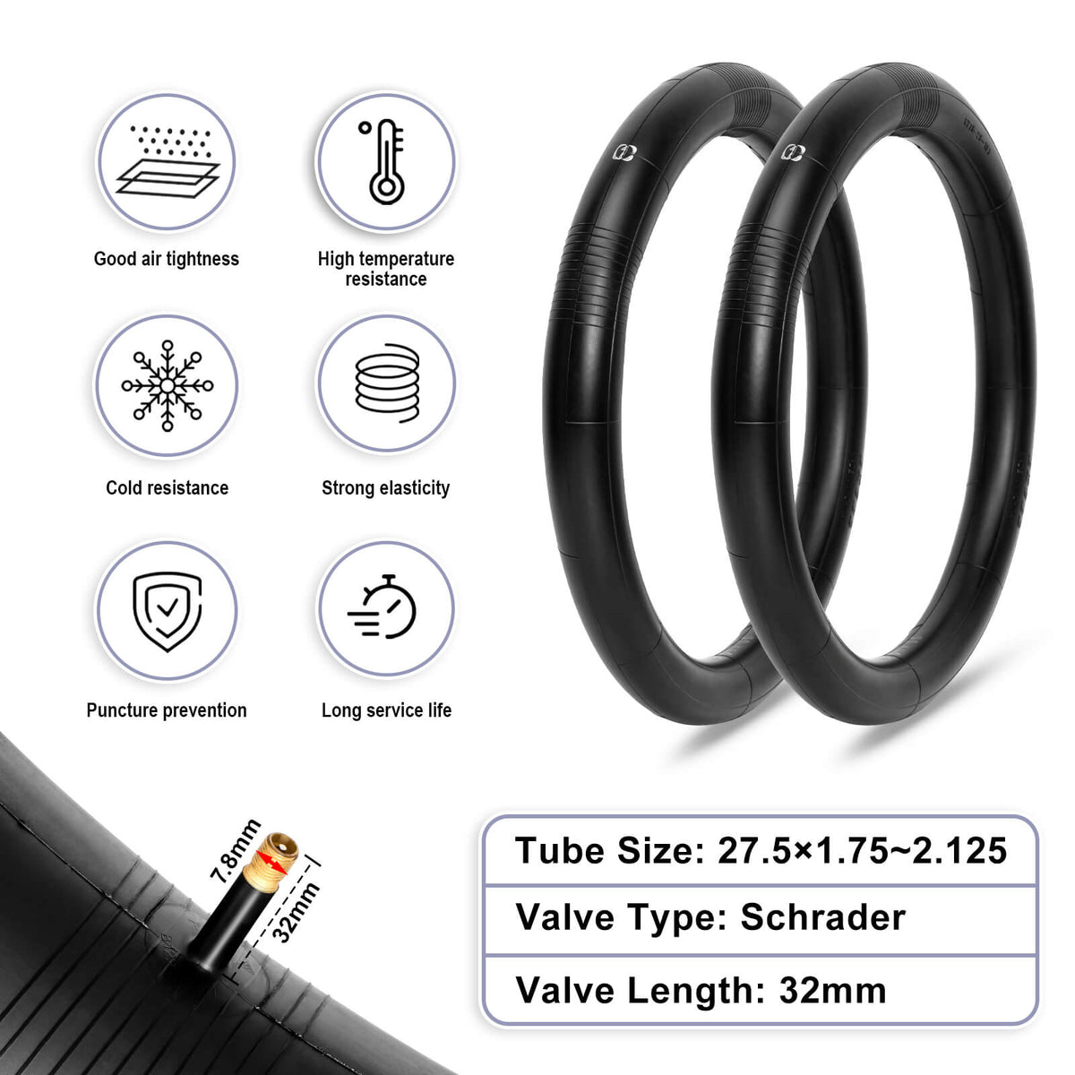 Hycline 27.5 inch Schrader inner tubes for mountain bike, 27.5x1.75‑2.125, 32mm valve, puncture‑resistant bicycle inner tube feature chart