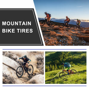 Hycline Rávos mountain bike tires promotional collage, off‑road trail mountain biking scenes, riders riding on rocky terrain, grassy hills and mountain trails on sale