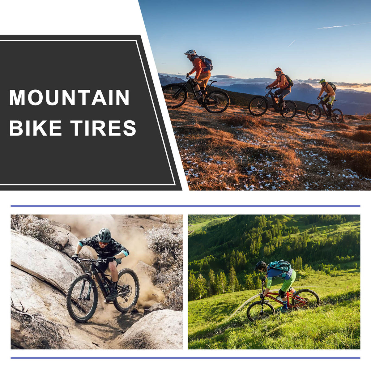 Hycline Rávos mountain bike tires promotional collage, off‑road trail mountain biking scenes, riders riding on rocky terrain, grassy hills and mountain trails on sale