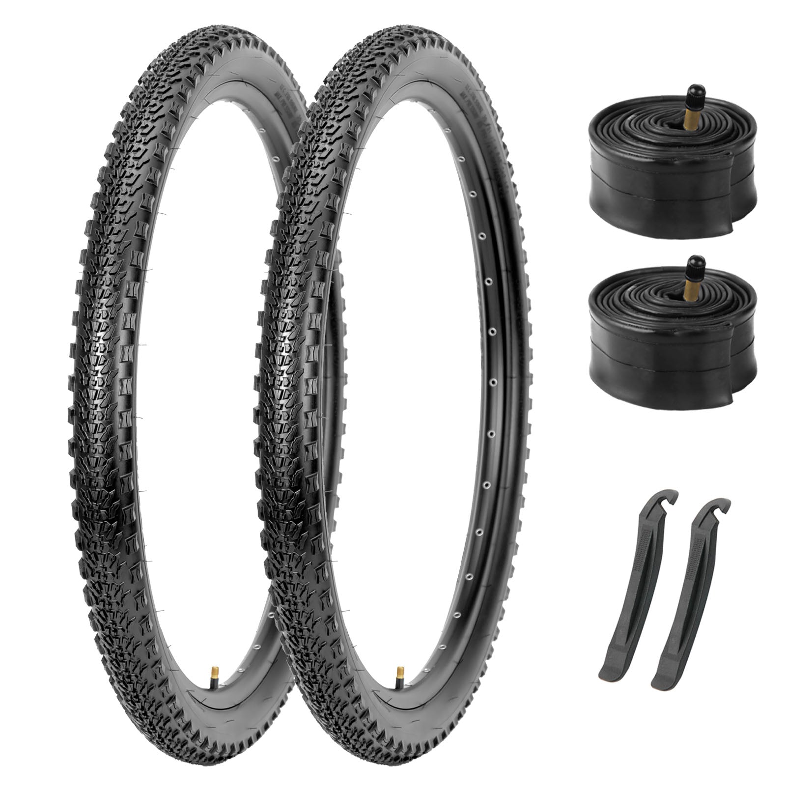 Hycline Rávos mountain bike tire complete set white background, 2 pack foldable MTB tires + 2 Schrader valve inner tubes + 2 tire levers, 26/27.5/29 x2.10 inch bicycle replacement kit