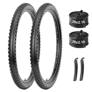 Hycline Rávos 26 x2.10 mountain bike tire set white background, 2 pack foldable 26 inch MTB tires + 2 Schrader valve inner tubes + 2 tire levers, complete bicycle replacement kit
