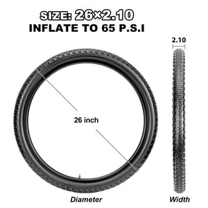 Hycline Ravos mountain tire 26 x 2.10 MTB tire size guide infographic, dimension display for Hycline Rávos mountain bike tire, recommended 65 PSI air pressure