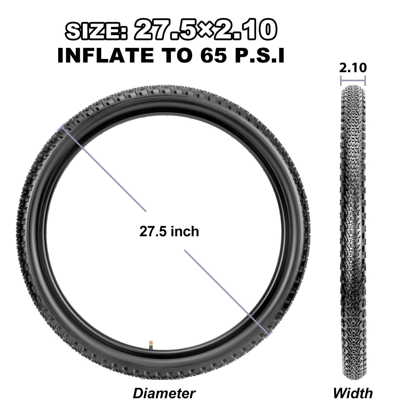 Hycline 27.5x2.10 mountain bike tire dimension chart, 27.5 inch diameter 2.10 width, 65 PSI inflation spec illustration