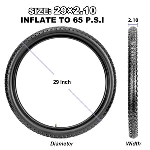 29 x 2.10 MTB tire size guide infographic, dimension display for Hycline Rávos mountain bike tire, recommended 65 PSI air pressure