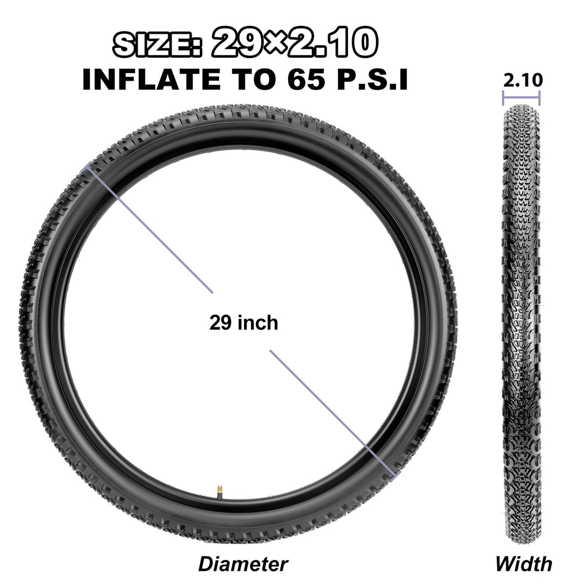 29 x 2.10 MTB tire size guide infographic, dimension display for Hycline Rávos mountain bike tire, recommended 65 PSI air pressure