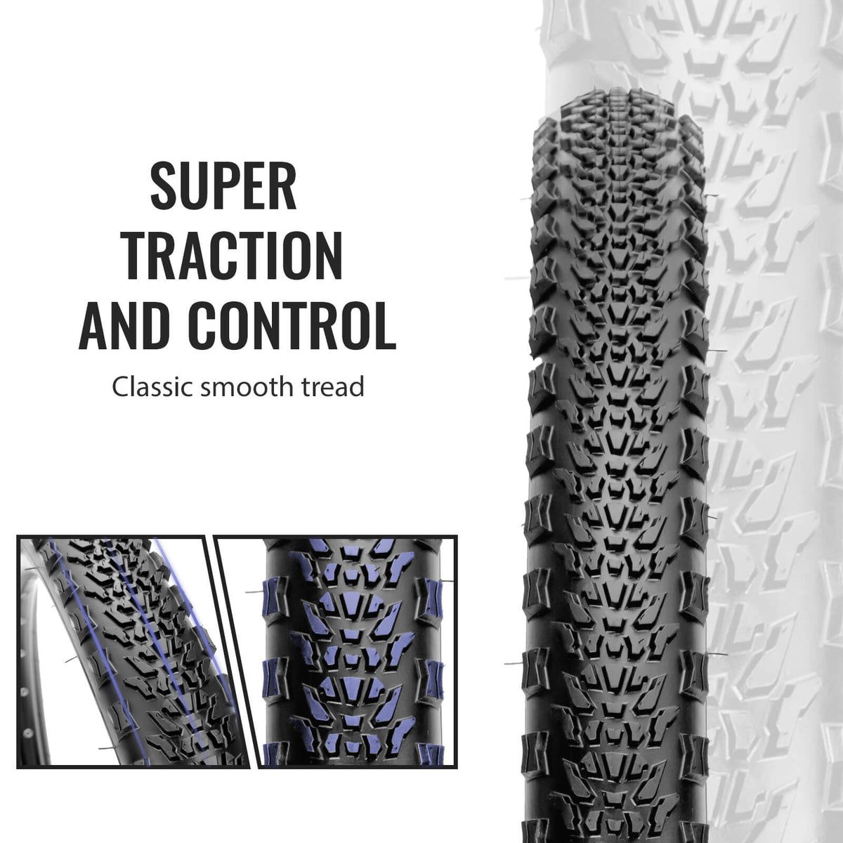 Hycline Rávos mountain bike tire tread close‑up infographic, super traction and control, classic knobby tread design for improved off‑road grip and control