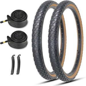 Brown wall 26x2.125 Inch Classic Folding Bicycle Tires,and Pair Inner Tubes with Tire Levers for Beach Cruiser City Bikes