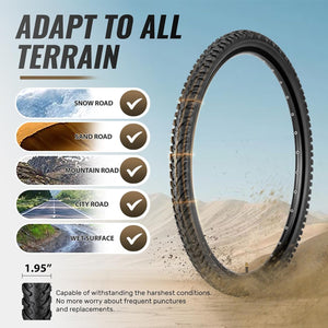 Tire with tread pattern on a road surface, showcasing its adaptability to various terrains. 26 x 1.95 inch tires for mountain bike
