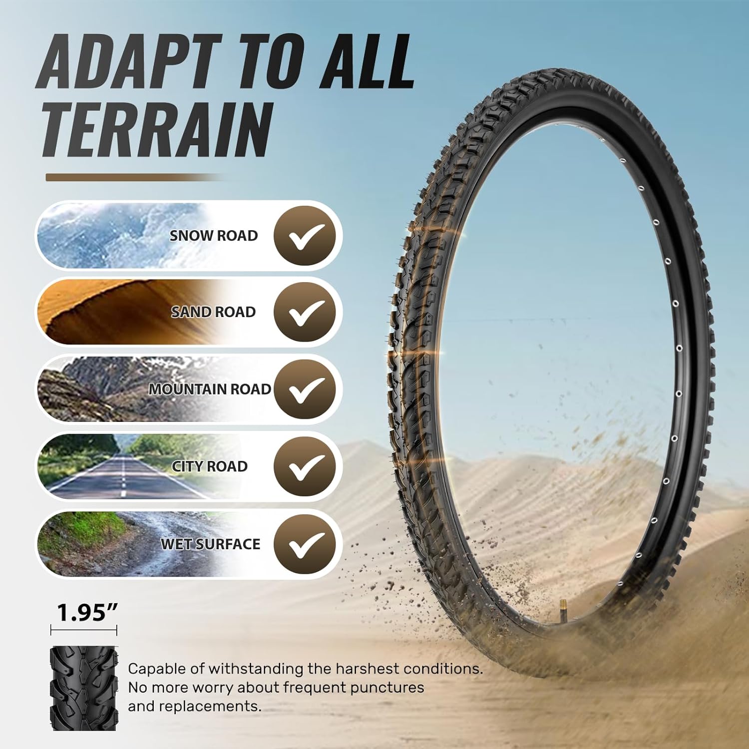 Tire with tread pattern on a road surface, showcasing its adaptability to various terrains. 26 x 1.95 inch tires for mountain bike
