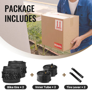 Hycline's Package contents including 2 bike tires, 2 inner tubes, and 2 tire levers