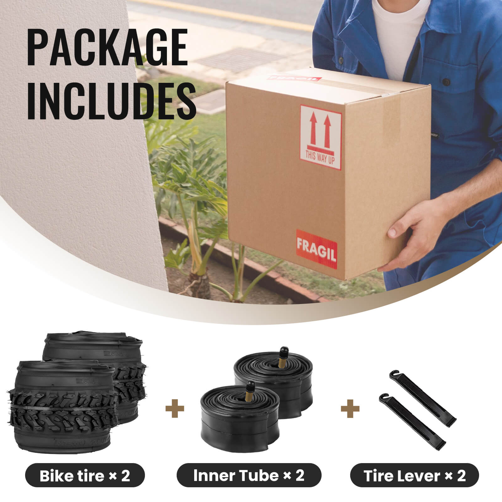 Hycline's Package contents including 2 bike tires, 2 inner tubes, and 2 tire levers
