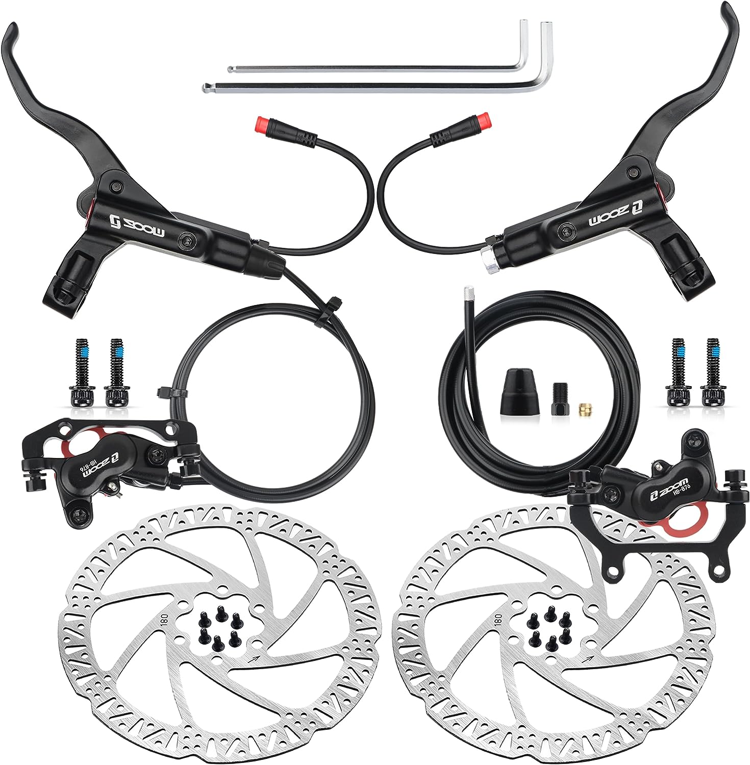 JKY Zoom HB-876 Freins pour Vélo, Frein à disque hydraulique à 4 pistons avant 800 mm et arrière 1400 mm avec rotors de 160 mm (rouge JKY Zoom HB-876 Freins pour Vélo, Frein à disque hydraulique à 4 pistons avant 800 mm et arrière 1400 mm avec rotors de 160 mm (rouge