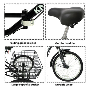 KNUS Single Speed Folding Tricycle With Large Rear Basket,Black - Hycline