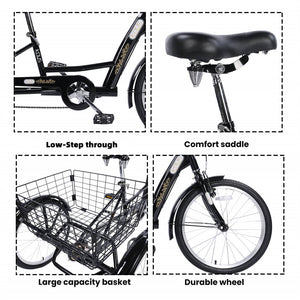 KNUS 26 inch Single Speed Tricycle with Low Step-Through Steel Frame/Large Rear Basket/Red - Hycline