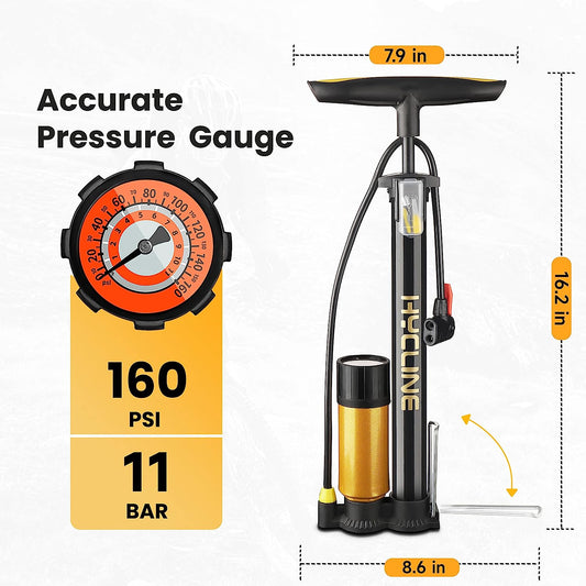 Hycline 160 PSI Bike Floor Pump with Gauge Display