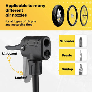 Air nozzle of Hyline floor bike pump, 160 PSI High Pressure with Schrader & Presta Valve Floor Inflator