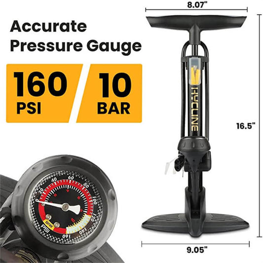 Bicycle Floor Pump With Gauge Display 160 PSI / 11 Baraccurate pressure gauge
