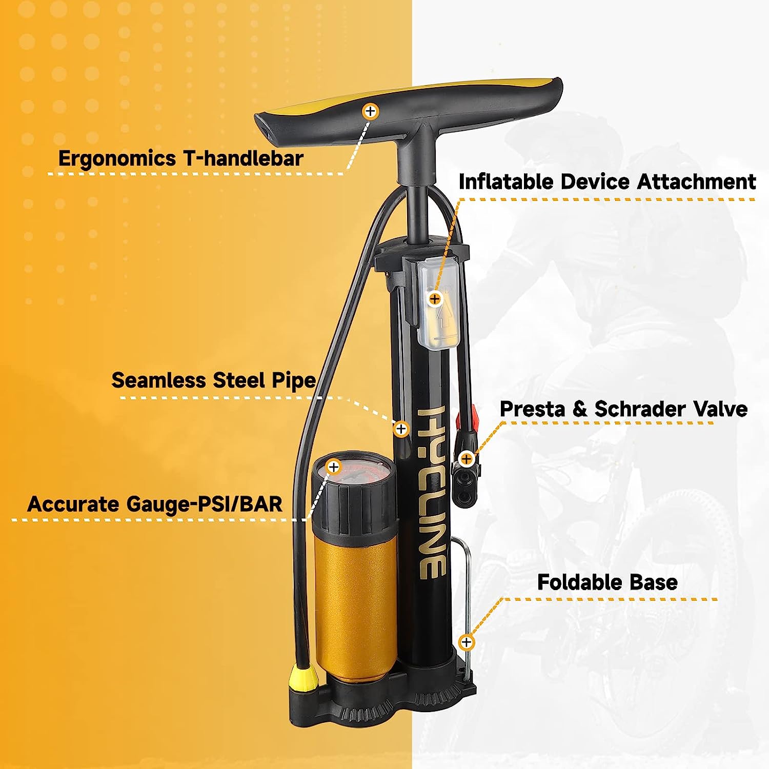 Hycline 150 PSI presta valve floor bike pump
